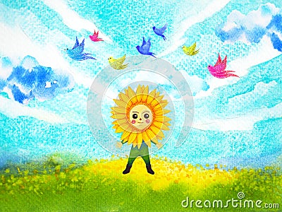 happy child yellow sunflower head flower human body mind mental health spiritual imagine power inspiring energy emotion holistic Cartoon Illustration