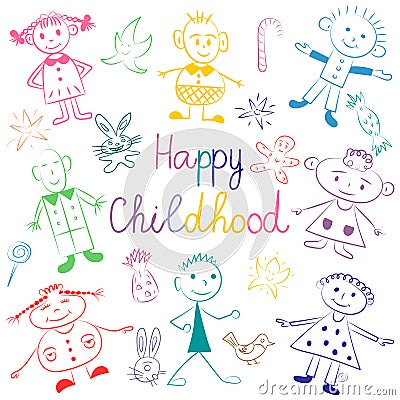 Happy Childhood. Colorful Cute Kids with Toys, Stars and Candies. Funny Children Drawings. Sketch Style. Vector Illustration