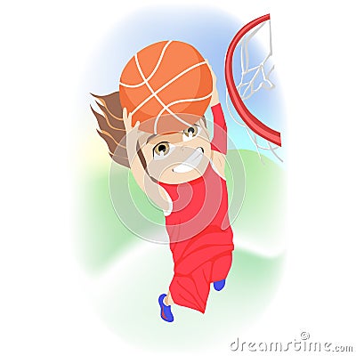 Happy childhood concept. Competitive young boy playing basketball leaping for the net to score a goal during his summer Vector Illustration