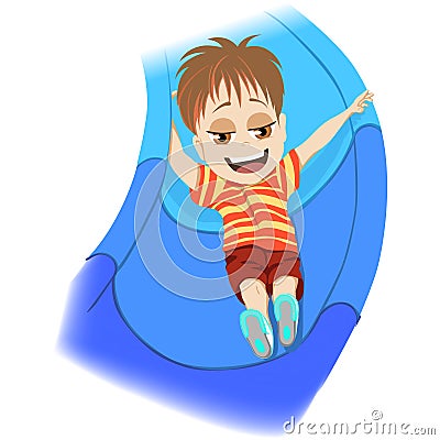 Happy childhood concept. Young boy playing in a kids playground shooting down a blue slide laughing with enjoyment in a Vector Illustration