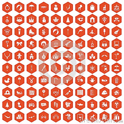 100 happy childhood icons hexagon orange Vector Illustration