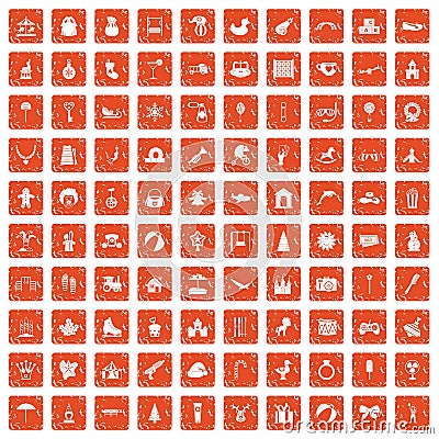 100 happy childhood icons set grunge orange Vector Illustration