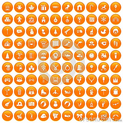 100 happy childhood icons set orange Vector Illustration