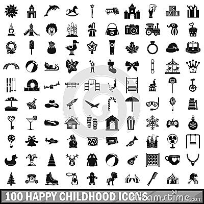 100 happy childhood icons set, simple style Vector Illustration