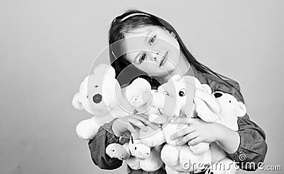 Happy childhood. Little girl play with soft toy teddy bear. Sweet childhood. Collecting toys hobby. Cherishing memories Stock Photo