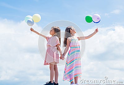 Happy childhood. summer vacation. small girls embrace. love and support. concept of sisterhood and friendship. family Stock Photo