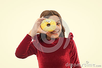 Happy childhood and sweet treats. Breaking diet concept. Girl hold sweet donut white background. Child hungry for sweet Stock Photo