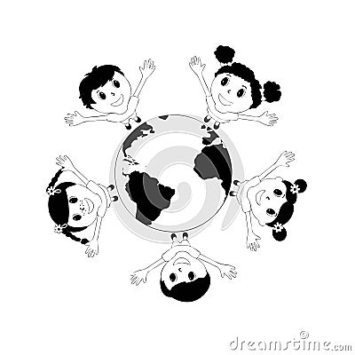 Happy children around the world illustration . International Children`s Day. Linear design Cartoon Illustration