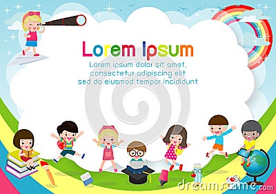 Happy Children, Back to school,Template for advertising brochure. Ready for your message, Funny cartoon kid character. Vector Illustration