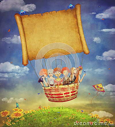 Happy children with a banner in the sky Cartoon Illustration