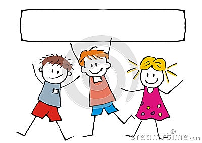 Happy children and banner, three cheerful kids on white background, vector funny illustration Vector Illustration