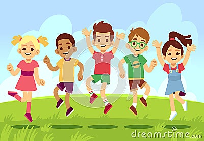 Happy children, boys and girls playing and jumping outdoor. Summer vacation vector concept with cartoon exercising and Vector Illustration