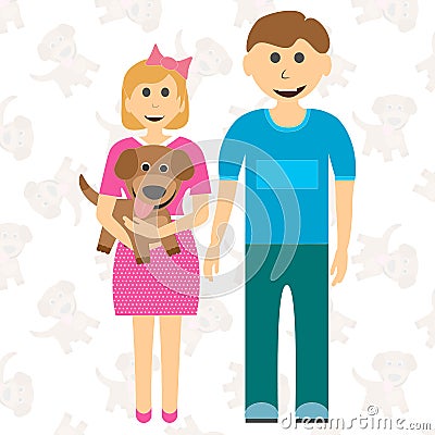 Happy children brother of sister and puppy. Dreamed of the dog. Vector. Vector Illustration