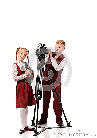 happy children with camera and microphone Stock Photo