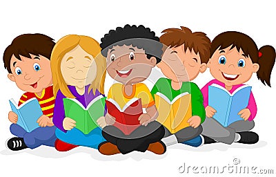 Happy children cartoon lying on the floor while reading books Vector Illustration