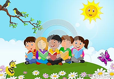 Happy children cartoon sitting on the grass while reading books Vector Illustration