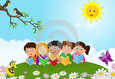 Happy children cartoon sitting on the grass while reading books Vector Illustration