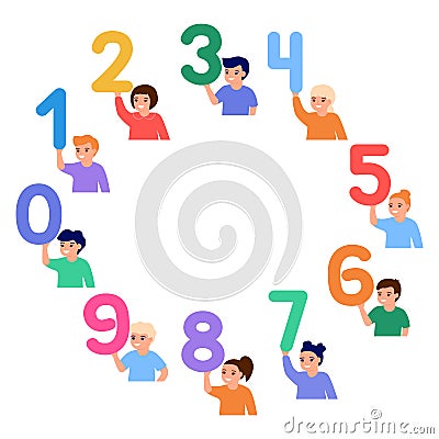 Happy children in circle hold numbers. Little kids learn number math. Education young friends, elementary school Vector Illustration