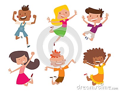 Happy children in different positions big vector jumping cheerful child group and funny cartoon kids joyful team Vector Illustration