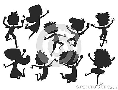 Happy children in different positions big vector jumping cheerful child silhouette group and funny cartoon kids joyful Vector Illustration