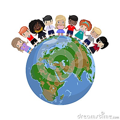 Happy children of different races and colors holding hands and standing on the globe Vector Illustration