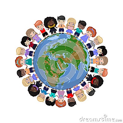 Happy children of different races and colors holding hands and standing on the globe Vector Illustration