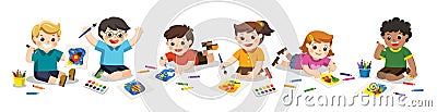 Happy Children draw pictures pencils and paints on floor. Vector Illustration