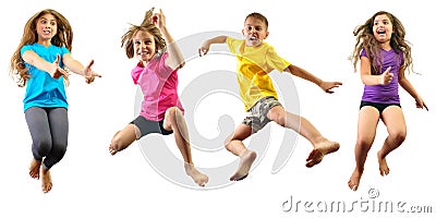 Happy children exercising and jumping Stock Photo