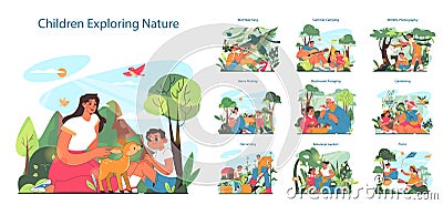 Happy children exploring nature on summer holidays. Kids with family Vector Illustration