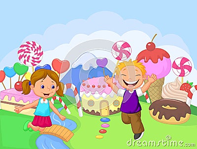 Happy children in the fantasy sweet land Vector Illustration