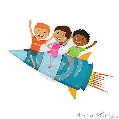 Happy children fly on the rocket. Learning progress, development of kids. Kids different nationality together have a fun. Vector Vector Illustration