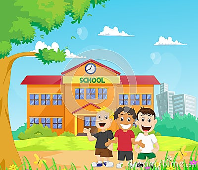 Happy children in front of the school building Vector Illustration