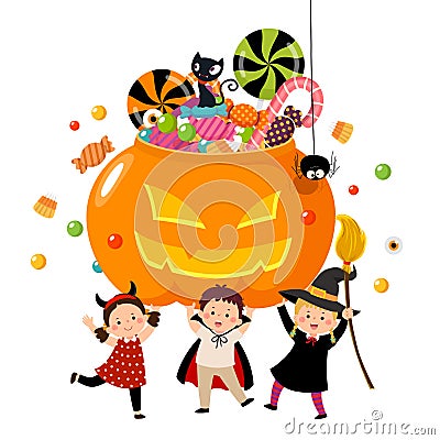 Cartoon of happy children in Halloween costumes holding a pumpkin full of candies Vector Illustration
