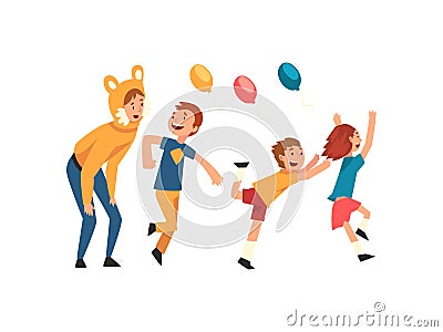 Happy Children Having Fun with Animator at Birthday Party, Entertainer in Festive Funny Costume Performing Before Kids Vector Illustration