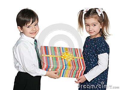 Happy children hold a gift box Stock Photo