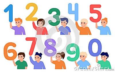 Happy children hold numbers. Little kids learn number math. Education young friends, elementary school students, kindergarten Vector Illustration