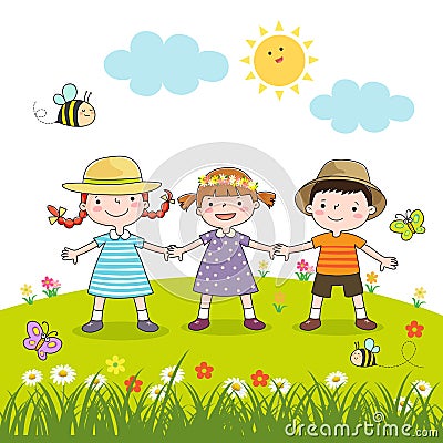 Happy children holding hands on blossom meadow Vector Illustration