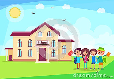 Happy Children Holding Hands in Front of School Vector Illustration