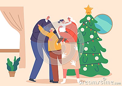 Happy Children Hug Grandparents at Home Interior. Family Meeting for Christmas Holidays Vector Illustration Vector Illustration