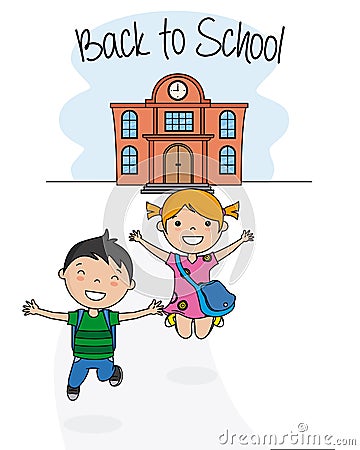 Happy children jumping in front of the school Vector Illustration