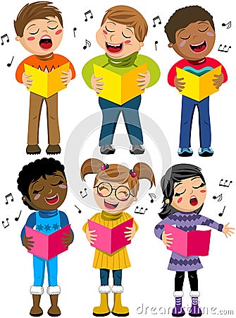 Happy Children Kid Singing Winter Choir Book Isolated Vector Illustration