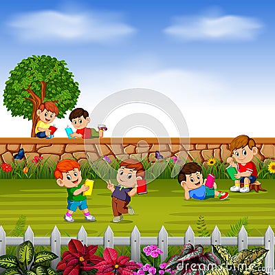 Happy children learn together with their friends in their garden Vector Illustration