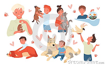 Happy children love pets set, smiling kids holding, standing, sitting with cat dog friend Vector Illustration