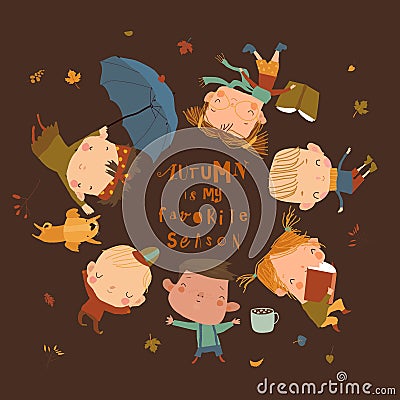 Happy Children lying on Grass. Hello Autumn Vector Illustration