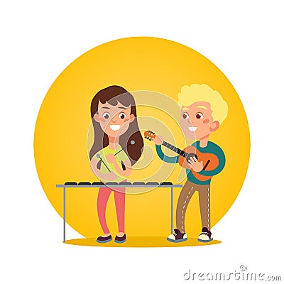 Happy children musicians with musical instruments Vector Illustration