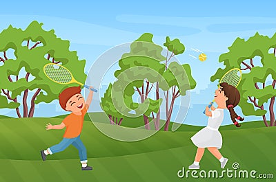 Happy children play badminton in summer park landscape, girl boy child holding rackets Vector Illustration