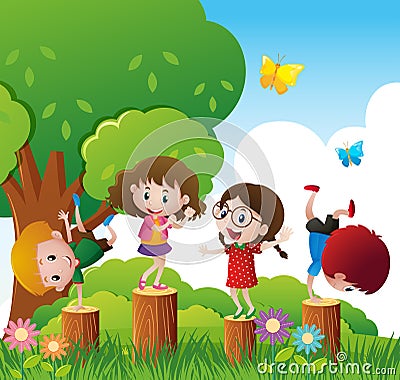 Happy children play in park Vector Illustration