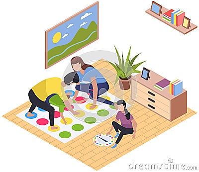 Happy children playing board game with parents, have fun at home. Family entertainment scenes set Stock Photo