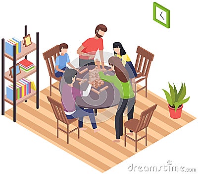 Happy children playing board game with parents, have fun at home. Family entertainment scenes set Vector Illustration