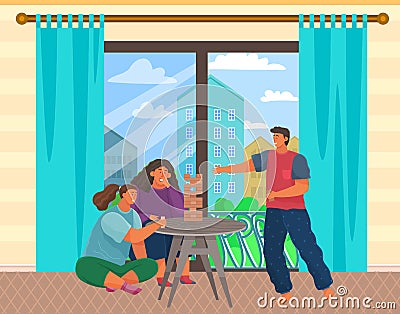 Happy children playing board game with parents, have fun at home. Family entertainment scenes set Vector Illustration